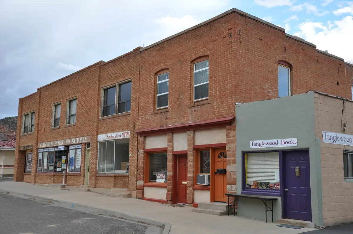 Historic brick buildings on a street in Kanab