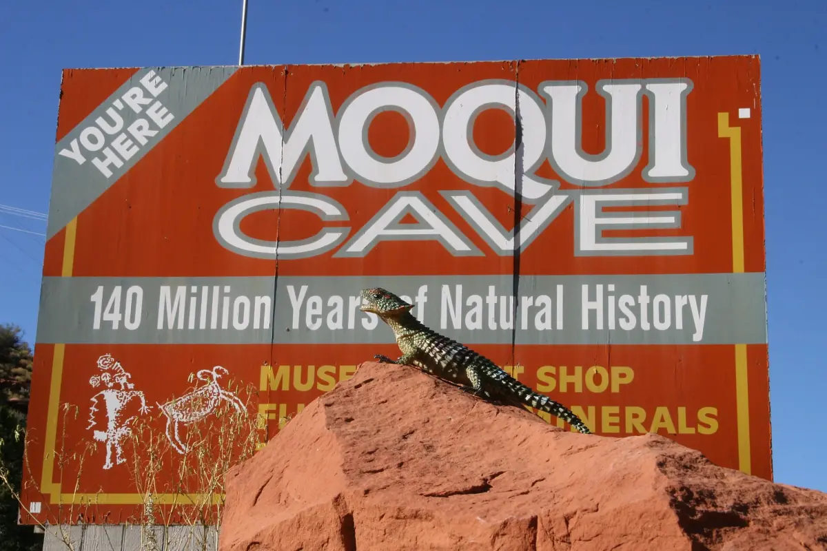 The roadside sign of Moqui Cave north of Kanab