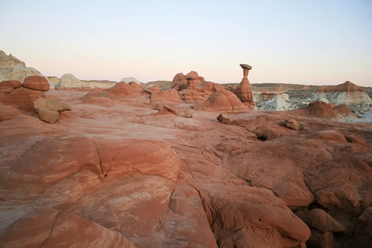 Red rock and a hoodoo at the Toadstools